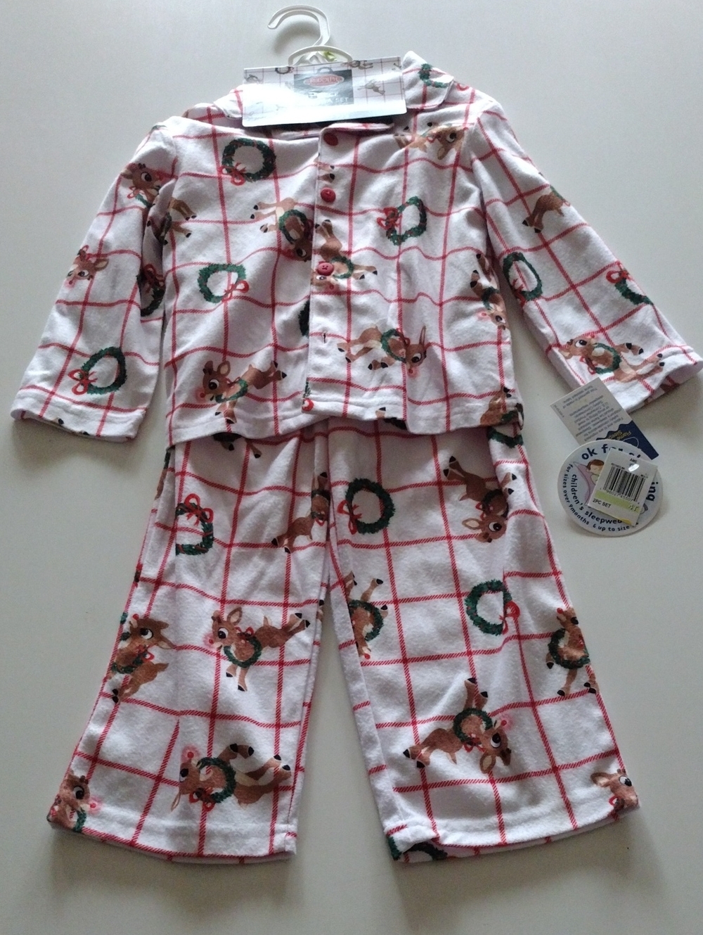 Toddler White & Red Reindeer Grid Pajama Set